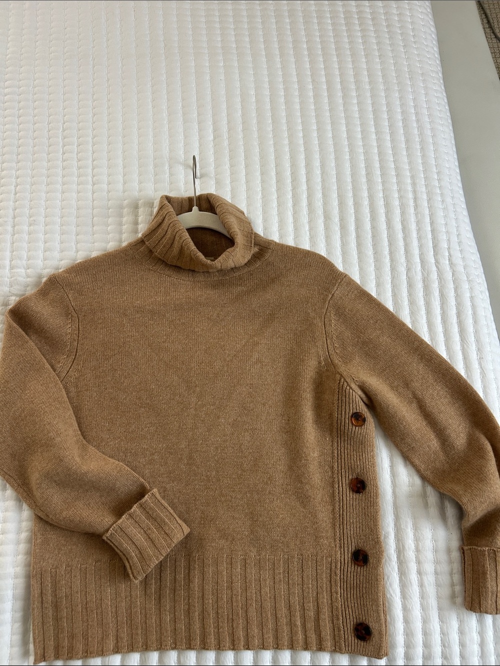 Qi Cashmere Cozy Camel Turtleneck Side-Button Sweater